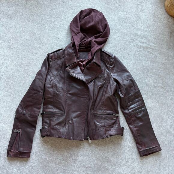 Velez Jackets & Blazers - Velez Burgundy Hoodie Leather Jacket